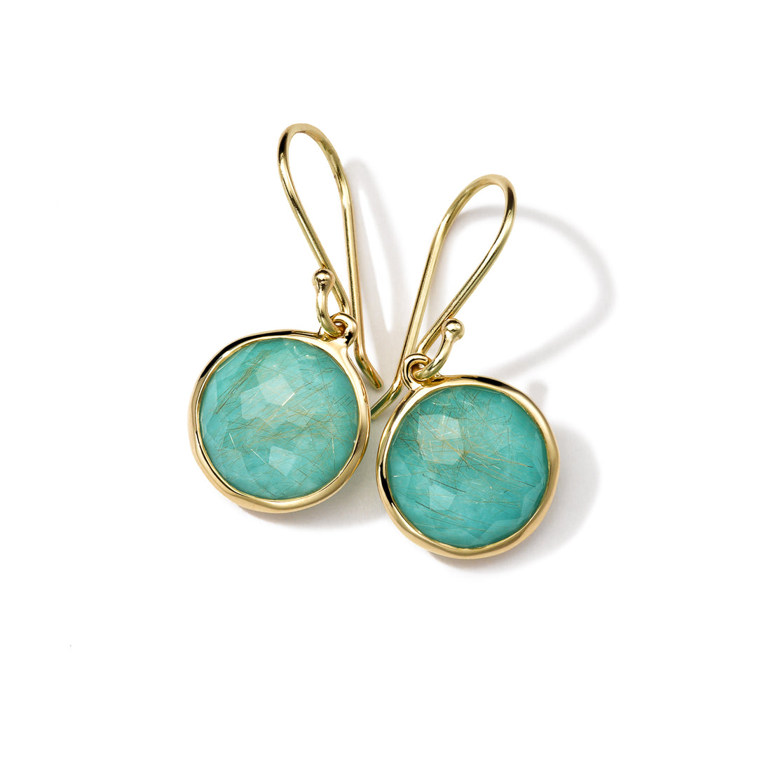Turquoise & Gold Rutilated Quartz Doublet 18K Gold Mini Drop Earrings - Front View | IPPOLITA
