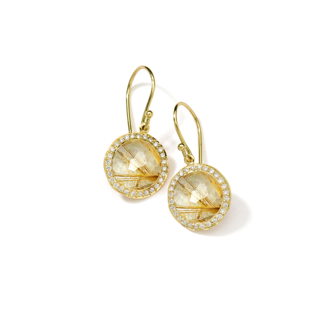 18K Gold Golden Rutilated Quartz Lollipop Mini Drop Earrings with Diamond Halo - Front View | IPPOLITA