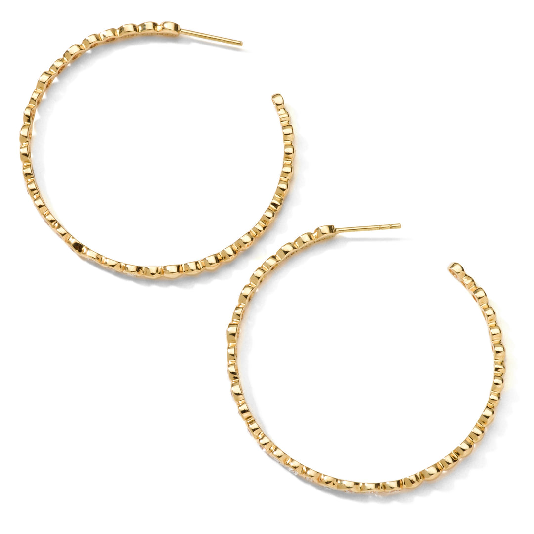 18K Yellow Gold Stardust Medium Hoop Earrings, faceted bezel texture, pair flat lay | IPPOLITA