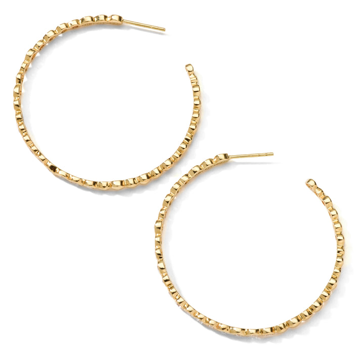 18K Yellow Gold Stardust Medium Hoop Earrings, faceted bezel texture, pair flat lay | IPPOLITA
