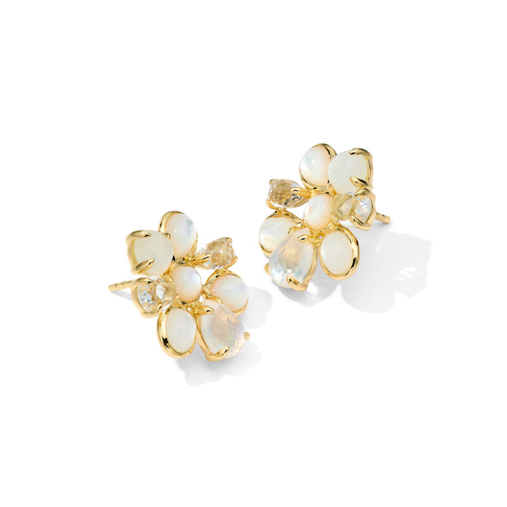 Flirt 18K Gold Small Cluster Earrings, Opal Mother-of-Pearl Mixed Gems - Angled View | IPPOLITA