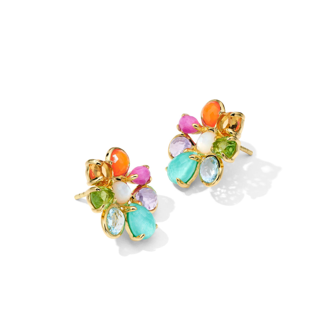 Summer Rain 18K Gold Small Cluster Earrings, Vibrant Mixed Gemstone Studs - Angled View | IPPOLITA