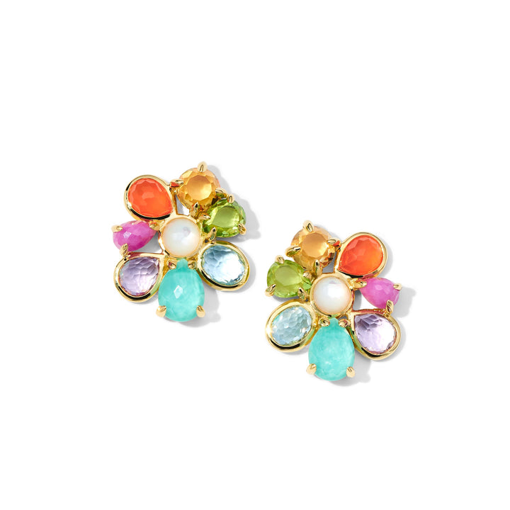Summer Rain 18K Gold Cluster Earrings, Turquoise Carnelian Ruby Multi-Gem - Front View | IPPOLITA