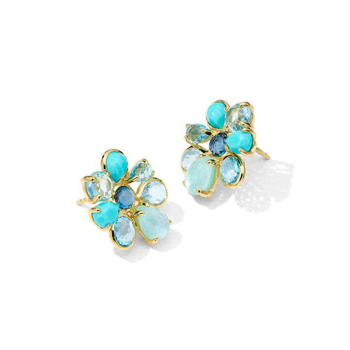 Waterfall 18K Gold Cluster Gemstone Earrings, Turquoise Blue Topaz Studs - Angled View | IPPOLITA