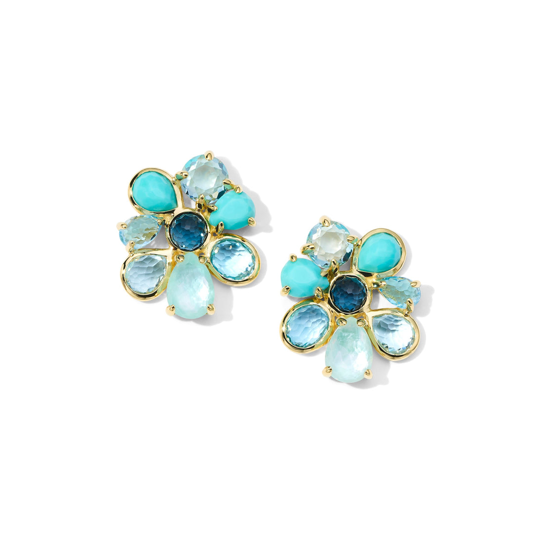 Waterfall 18K Gold Cluster Earrings, Turquoise & Blue Topaz Multi-Stone - Front View | IPPOLITA