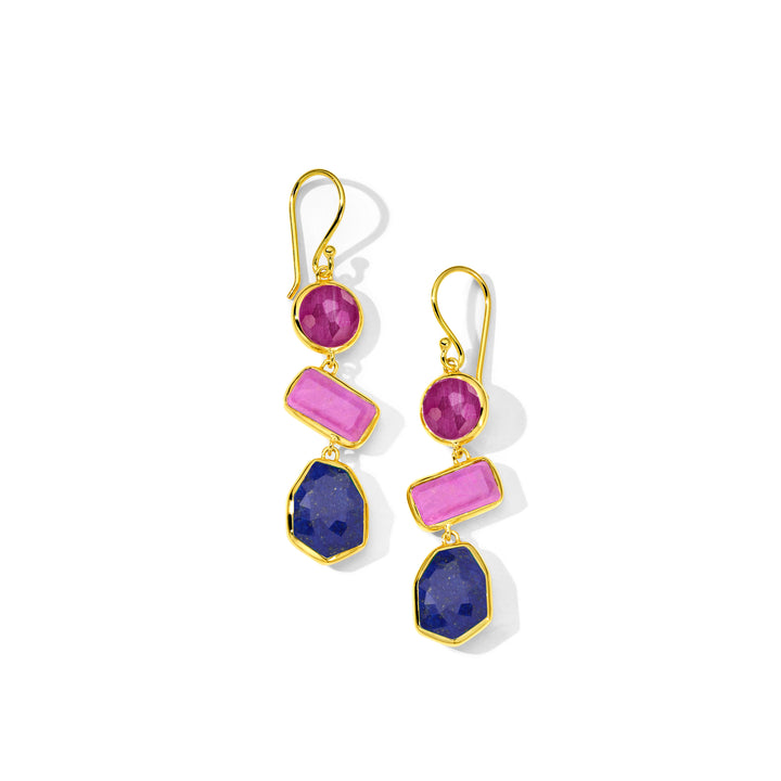 18K Gold Rock Candy 3-Stone Drop Earrings, Ruby, Lapis & Green Agate - Front View | IPPOLITA