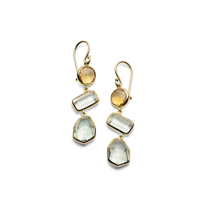 18K Gold Rock Candy 3-Stone Drop Earrings, Citrine & Green Quartz Multi-Shape - Front View | IPPOLITA