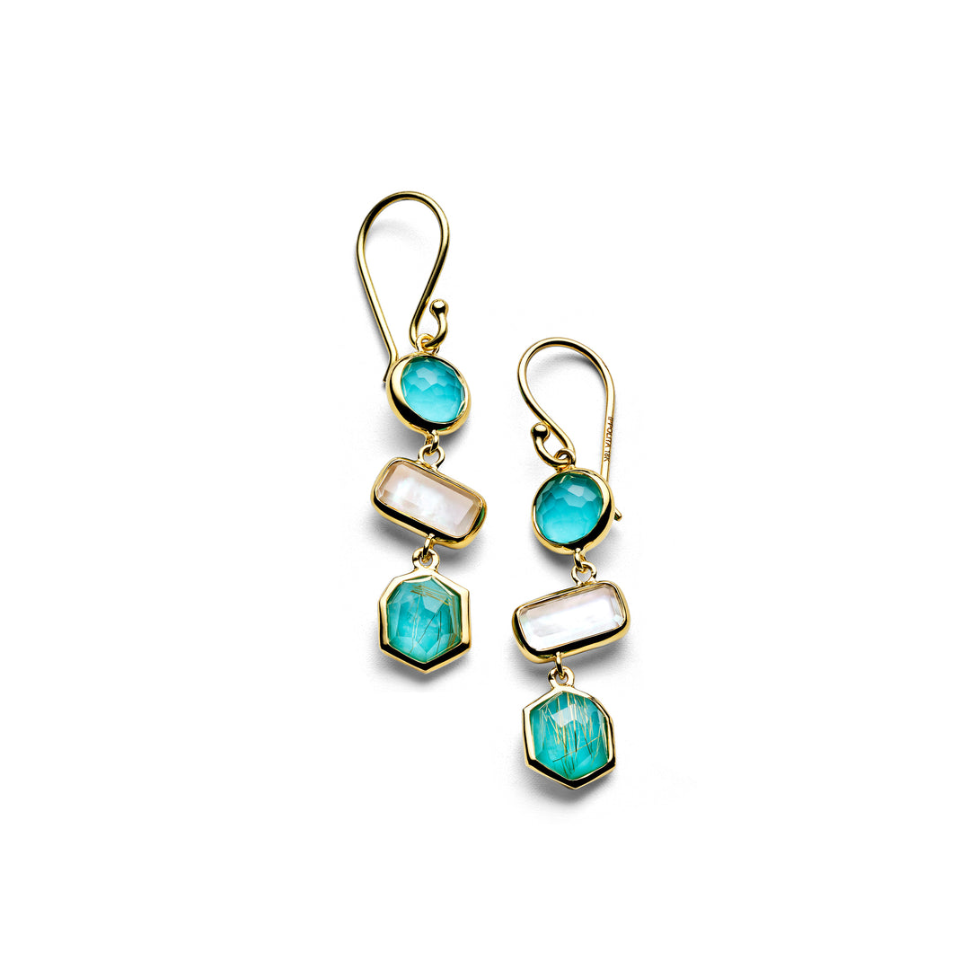 18K Gold Rock Candy Mini 3-Stone Drop Earrings in Fronda turquoise & mother-of-pearl - Front View | IPPOLITA