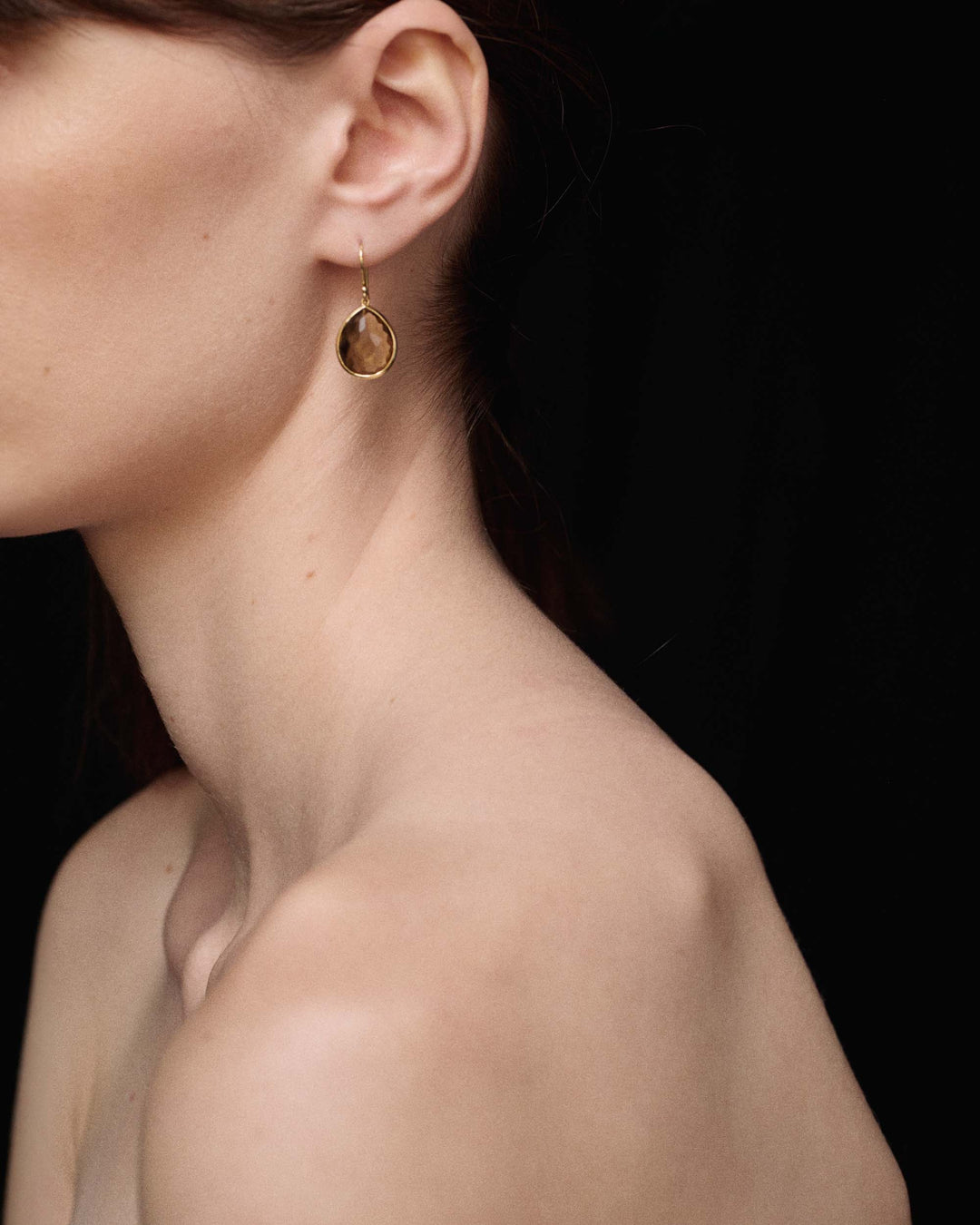 Brown Shell Doublet 18K Gold Medium Teardrop Earrings - Neck and Shoulder View | IPPOLITA