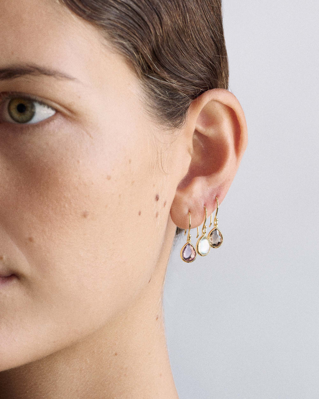 Multi-Stone 18K Gold Teeny Teardrop Earrings - On Model Three-Quarter View | IPPOLITA