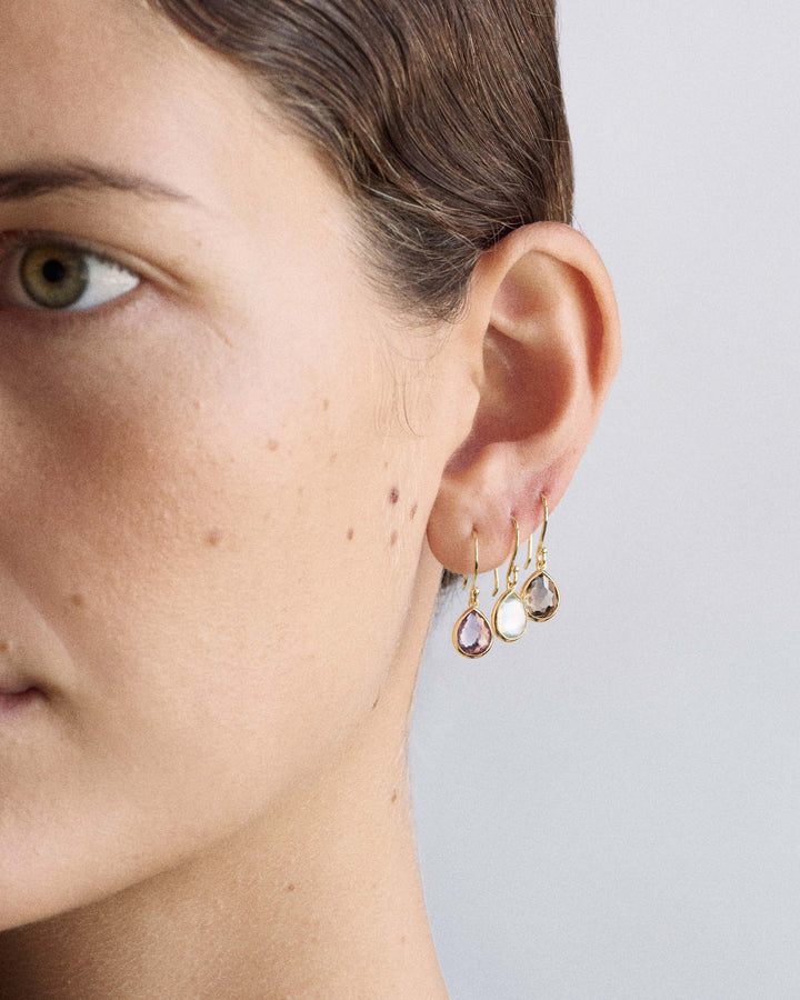 Multi-Stone 18K Gold Teeny Teardrop Earrings - On Model Ear Detail | IPPOLITA