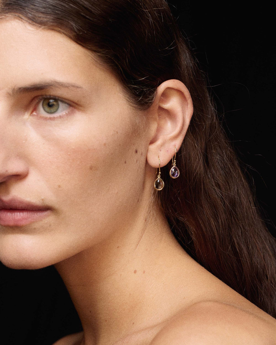 Amethyst 18K Gold Teeny Teardrop Earrings - On Model Light Background | IPPOLITA
