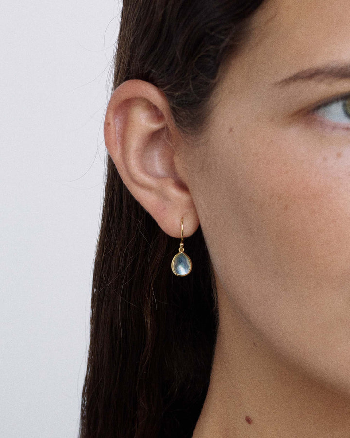 Blue Topaz 18K Gold Teeny Teardrop Earrings - On Model Side Profile | IPPOLITA