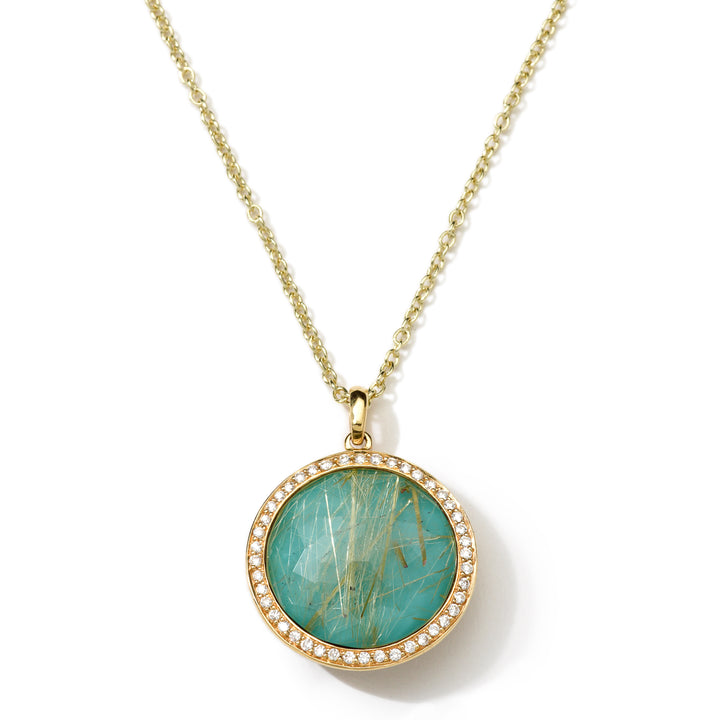 18K Gold Lollipop Medium Pendant Necklace, Turquoise & Golden Rutilated Quartz Doublet with Diamond Halo - Front View | IPPOLITA