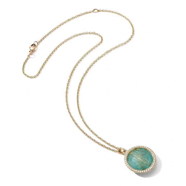 18K Gold Lollipop Medium Pendant Necklace, Turquoise & Golden Rutilated Quartz Doublet with Diamond Halo - Full Length View | IPPOLITA