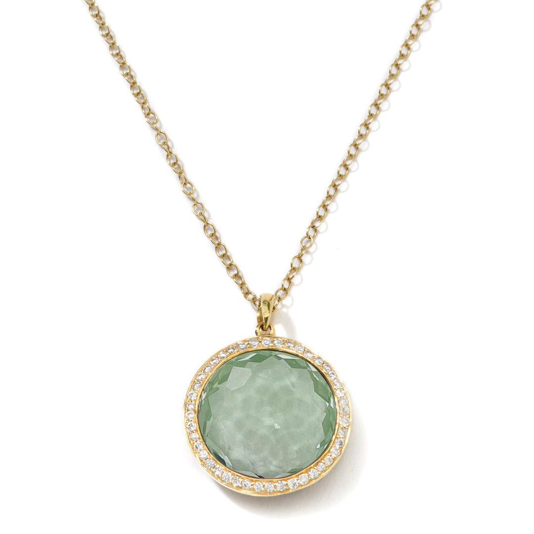Dark Prasiolite 18K Gold Lollipop Medium Pendant Necklace, Diamond Halo Detail - Close-Up Front View | IPPOLITA