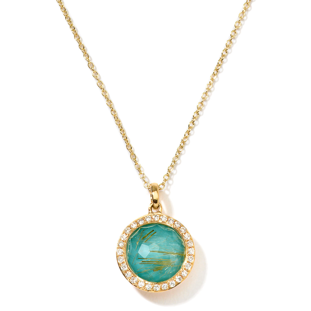 Turquoise & Gold Rutilated Quartz Doublet Lollipop Mini Pendant Necklace, Diamond Halo - Close-Up | IPPOLITA