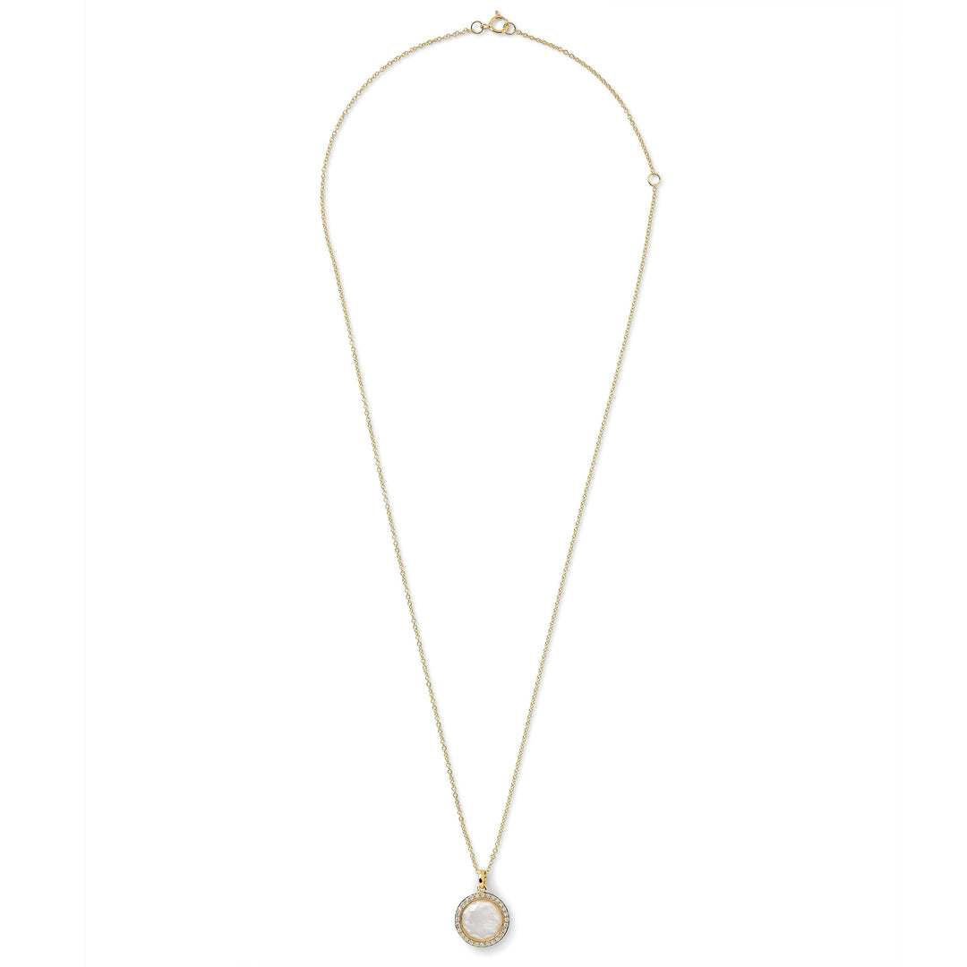 18K Gold Mother-of-Pearl Doublet Small Pendant Necklace with Diamond Halo - Full Chain View | IPPOLITA