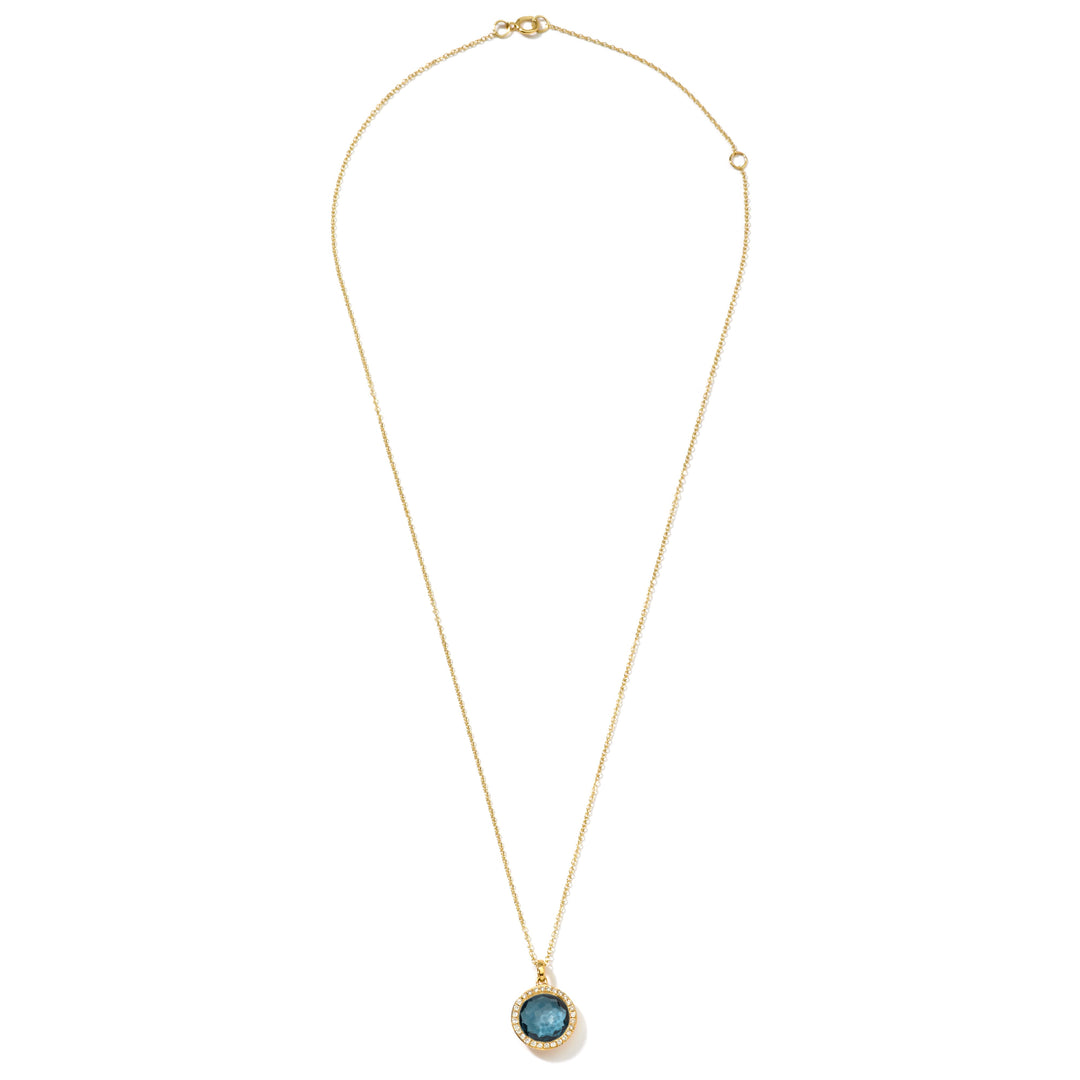 18K Gold London Blue Topaz Small Pendant Necklace with Diamond Halo - Full Chain View | IPPOLITA