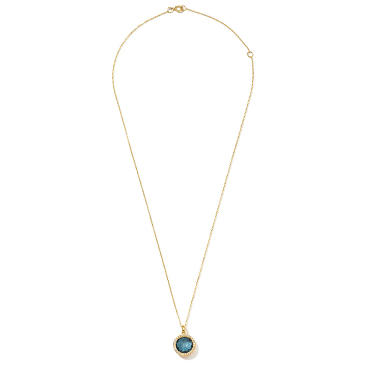 18K Gold London Blue Topaz Small Pendant Necklace with Diamond Halo - Full Chain View | IPPOLITA