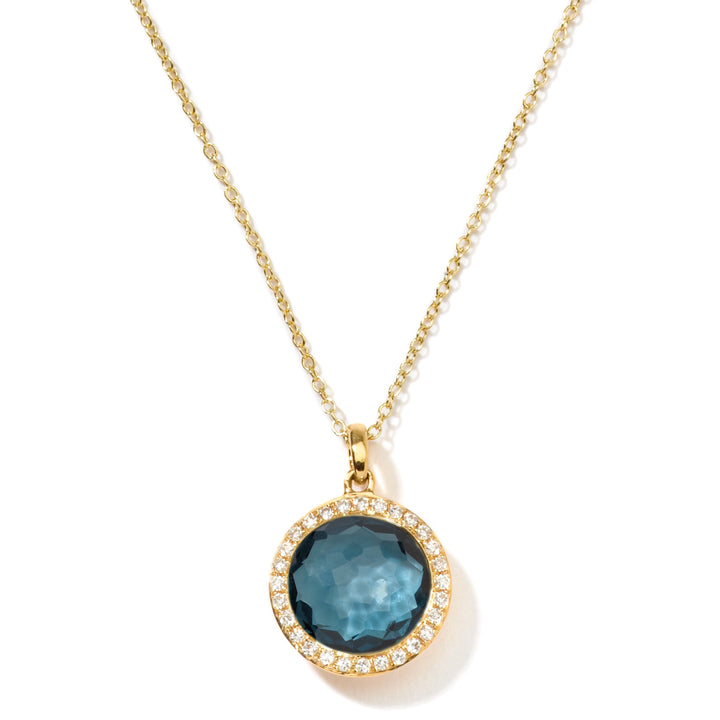 18K Gold London Blue Topaz Small Pendant Necklace with Diamond Halo - Front Close-Up | IPPOLITA