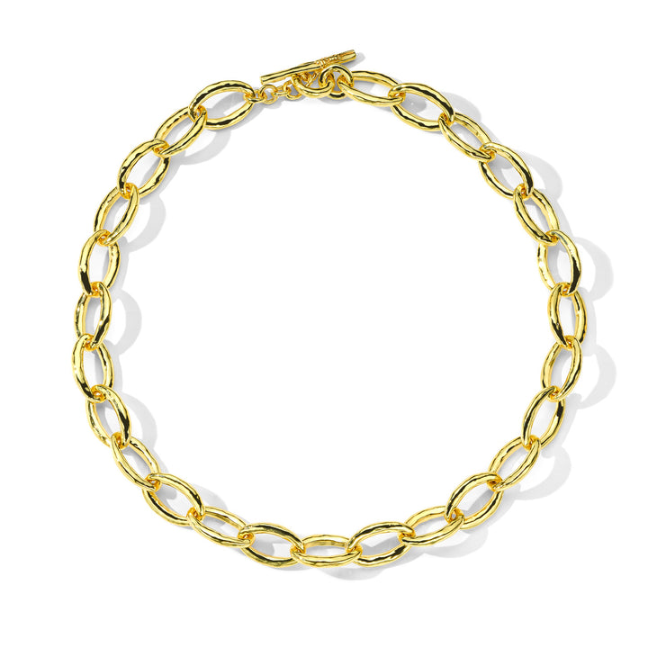18K Gold Hammered Bastille Link Necklace - Flat Lay, Toggle Clasp Detail | IPPOLITA