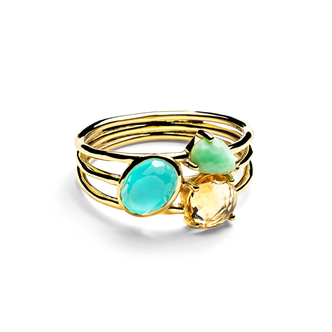 18K Gold Rock Candy 3-Stone Triple Band Ring, Fronda - Turquoise, Citrine & Green Stones - Front View | IPPOLITA