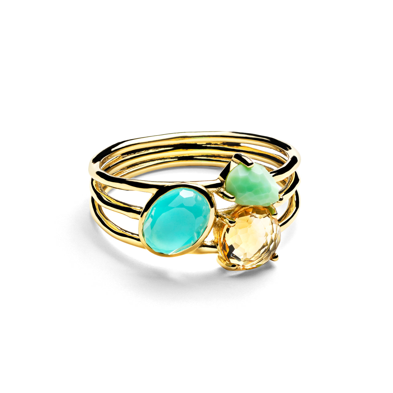 18K Gold Rock Candy 3-Stone Triple Band Ring, Fronda - Turquoise, Citrine & Green Stones - Front View | IPPOLITA