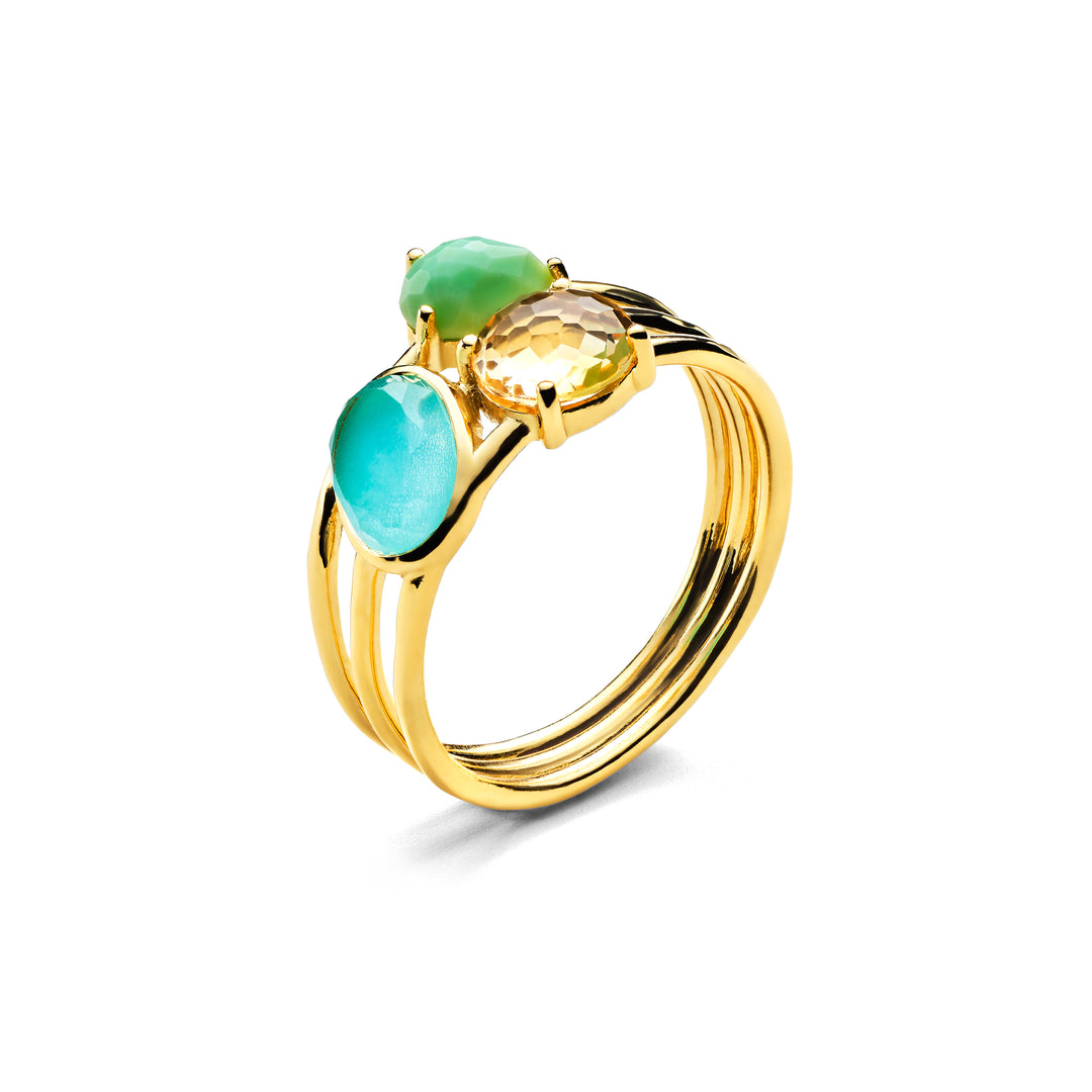 18K Gold Rock Candy 3-Stone Triple Band Ring, Fronda - Multi-Stone Sculptural Detail - Side View | IPPOLITA