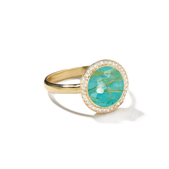 Turquoise & Gold Rutilated Quartz Doublet Mini Lollipop Ring with Diamond Halo - Front Angle | IPPOLITA