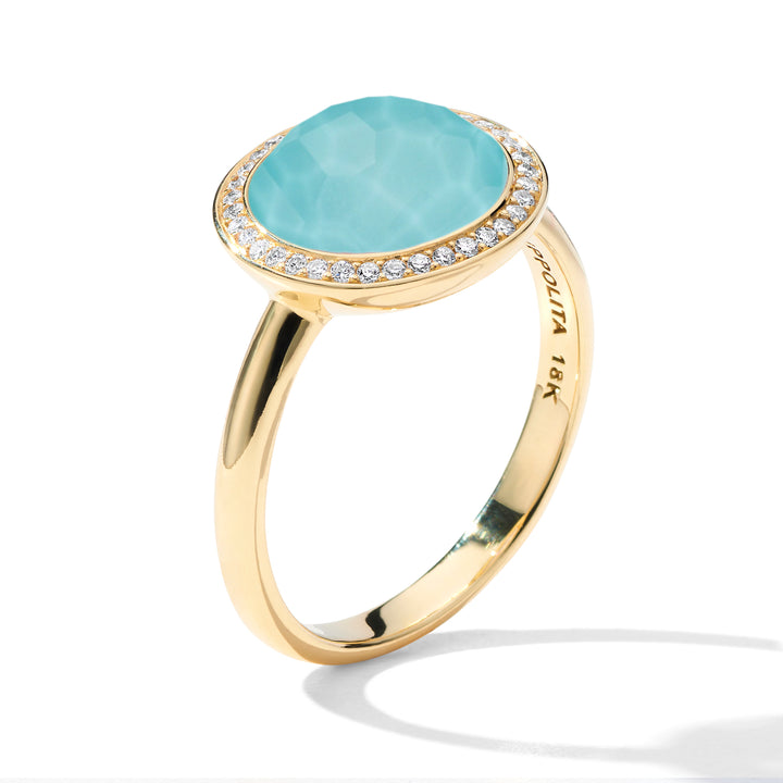18K Gold Mini Lollipop Ring, Turquoise Doublet with Diamond Halo - Side View with Hallmark | IPPOLITA