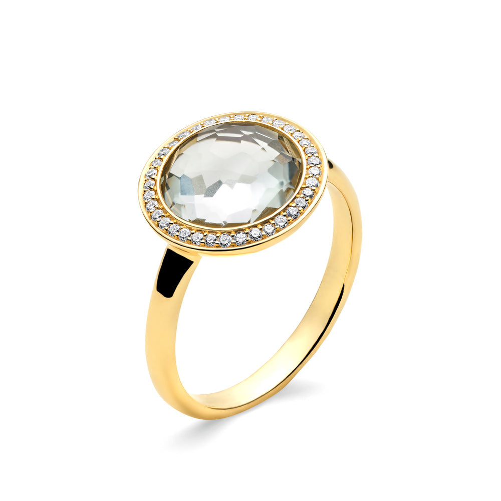 Dark Prasiolite 18K Gold Mini Lollipop Ring, Diamond Halo, Engraved Band Detail - Side View | IPPOLITA