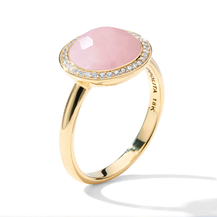 Pink Opal 18K Gold Mini Lollipop Ring with Diamond Halo - Side View Showing Hallmark | IPPOLITA