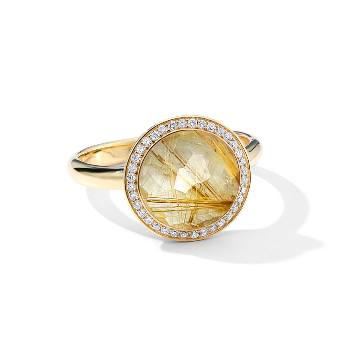 Golden Rutilated Quartz 18K Gold Mini Lollipop Ring with Diamond Halo - Front View | IPPOLITA