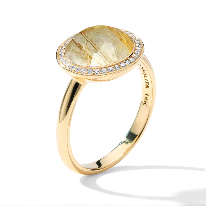 Golden Rutilated Quartz 18K Gold Mini Lollipop Ring, Diamond Halo - Side Profile with Hallmark | IPPOLITA