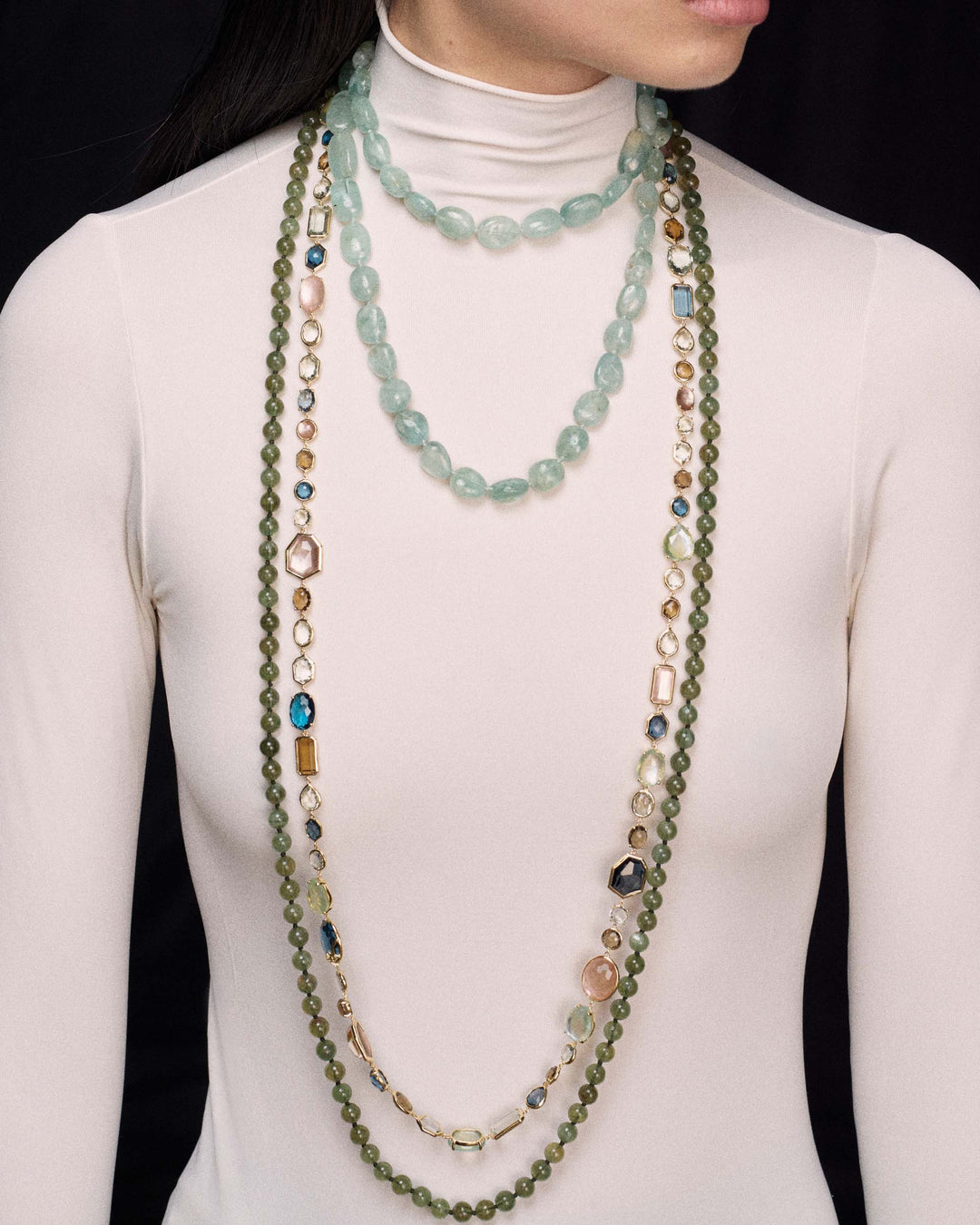 Green Aquamarine 18K Gold Sofia Long Gemstone Necklace Layered - On Model Front View | IPPOLITA