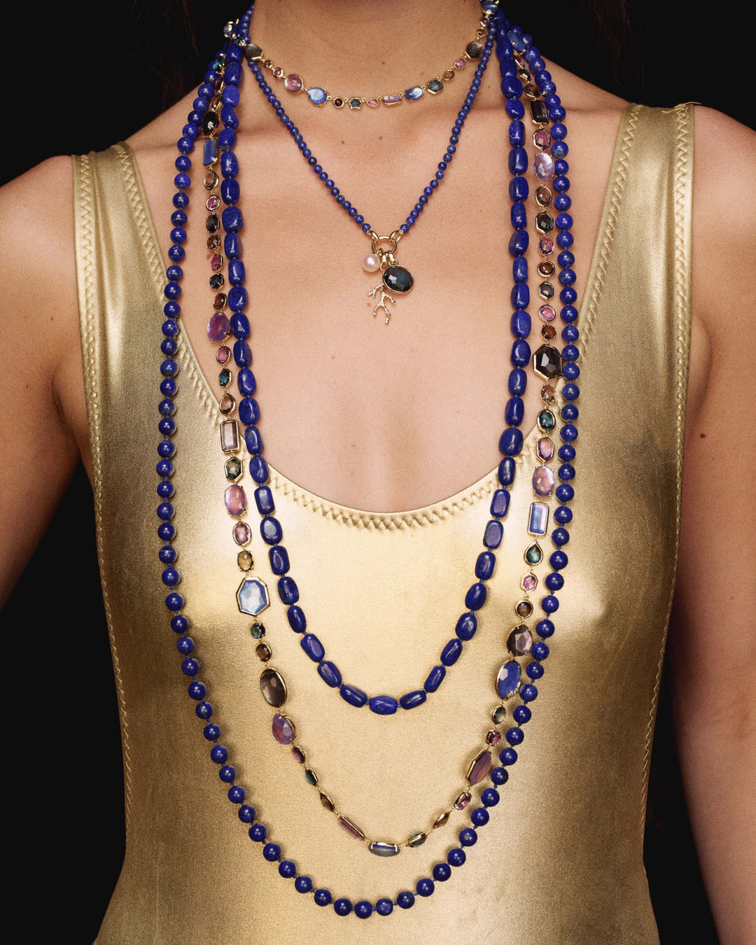 Blue Lapis 18K Gold Sofia Necklace Layered Stack with Gemstone Stations - On Model Front | IPPOLITA