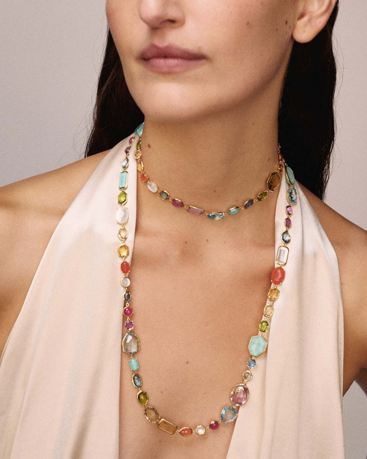 Multicolor 18K Gold Sofia Gemstone Station Necklace Layered - On Model Front View | IPPOLITA