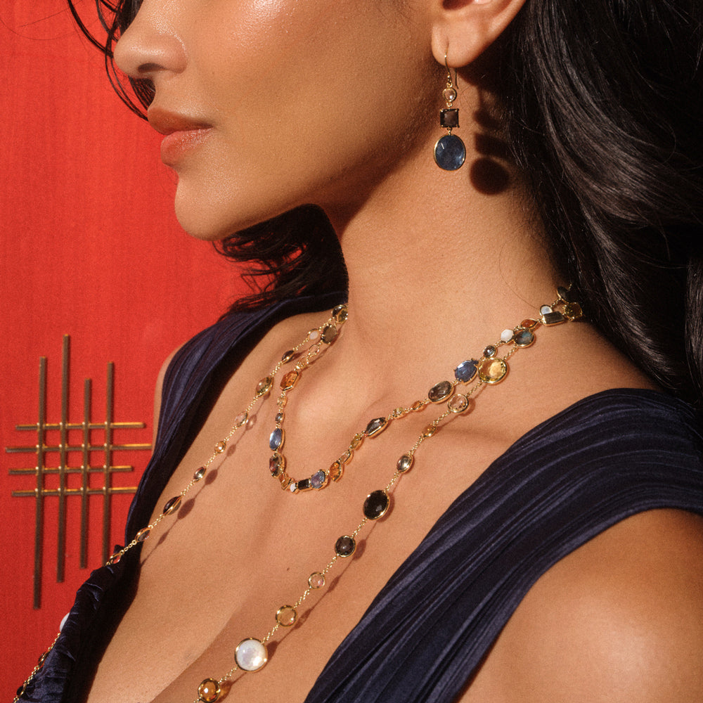 Model Styled Look with Blue 3-Stone Drop Earrings and Necklaces - Portrait | IPPOLITA