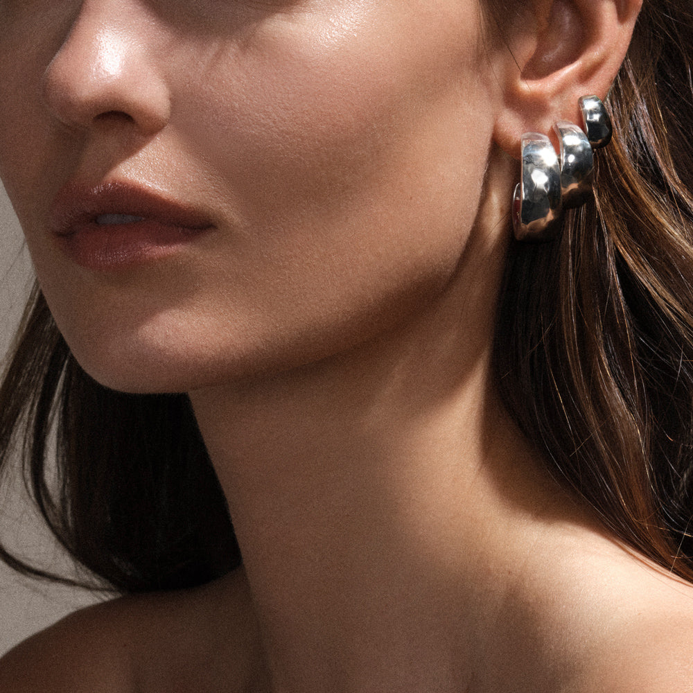 Sterling Silver Hammered Hoop Earrings - On Model Ear Stack | IPPOLITA