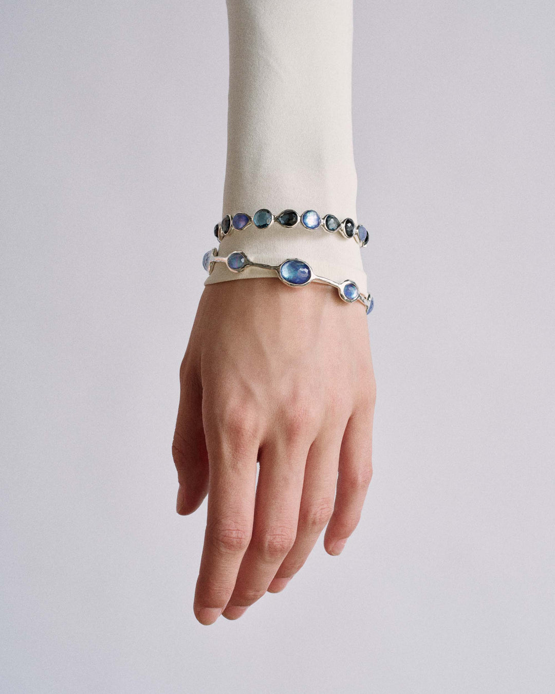 Blue Iridescent Stone 8-Stone Silver Bangle - Stacked On Model | IPPOLITA