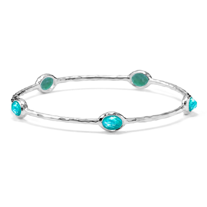Green Agate & Rock Crystal 925 Silver Rock Candy 5-Stone Bangle - Front View | IPPOLITA