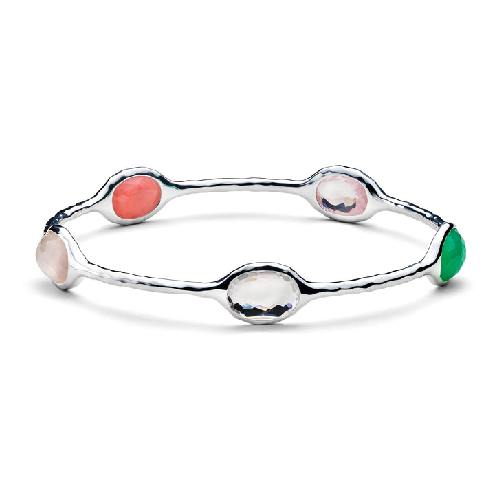 Bambina Rock Candy 5-Stone Silver Bangle, rose quartz, chrysoprase & rock crystal - Front View | IPPOLITA