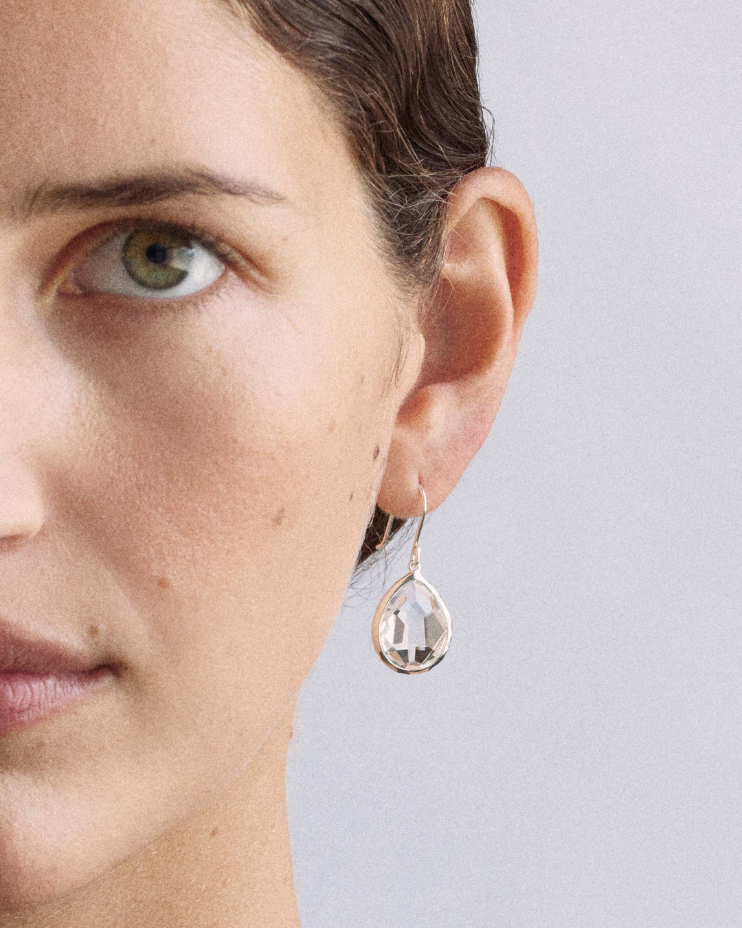 Rock Crystal Sterling Silver Rock Candy Teardrop Earrings - On Model Close-Up | IPPOLITA