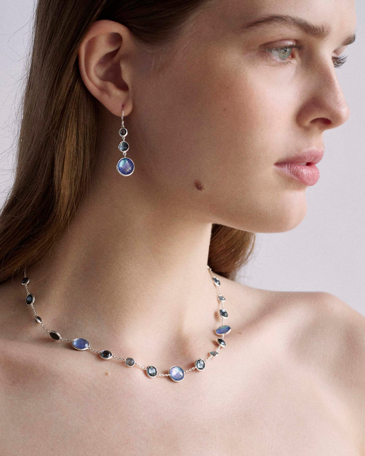 Eclipse Blue Gemstone Sterling Silver 3-Stone Drop Earrings - On Model Side Profile | IPPOLITA