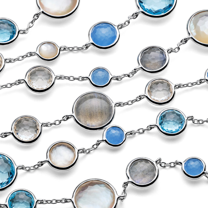 925 Silver Lollitini Long Necklace close-up, faceted blue topaz, labradorite & mother-of-pearl bezels | IPPOLITA