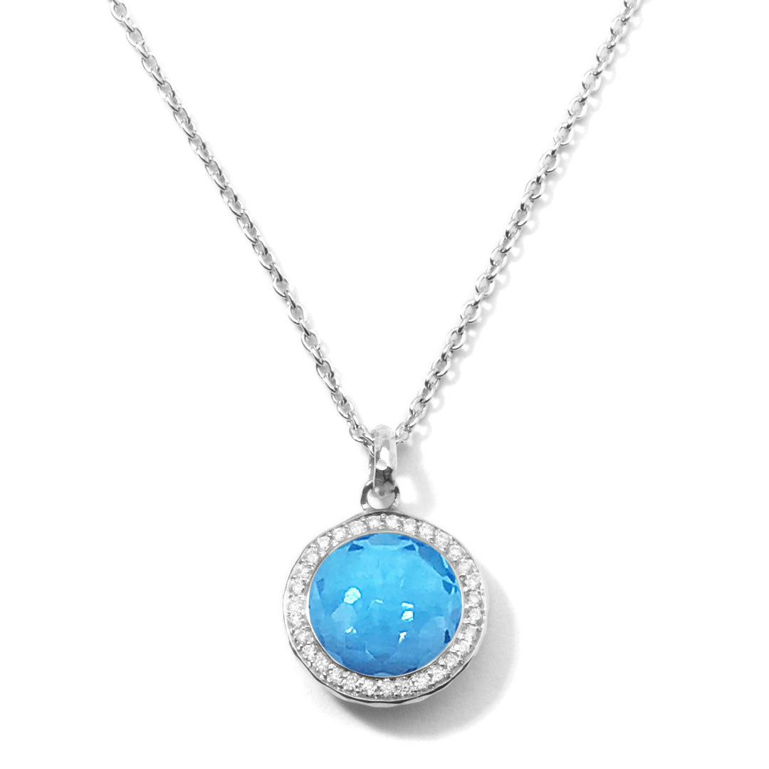 Swiss Blue Topaz 925 Silver Lollipop Mini Pendant Necklace with Diamond Halo - Front View | IPPOLITA