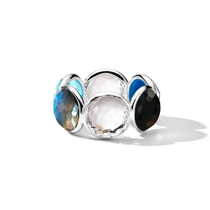 Bari 925 Silver All-Stone Ring, Rock Crystal & Blue Topaz Bezel-Set - Front View | IPPOLITA