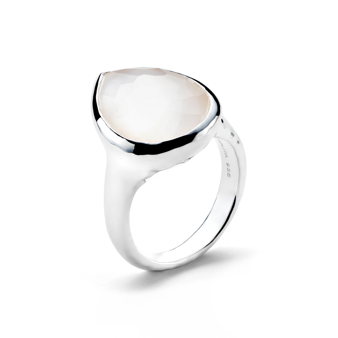 Rose Quartz over MOP Doublet Sterling Silver Teardrop Ring - Side Profile with 925 Hallmark | IPPOLITA
