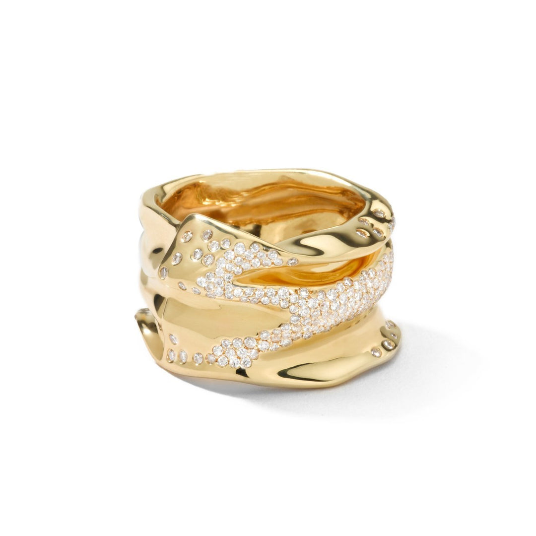 18K Gold Crush Ring with Organic Folded Form & Diamond Pavé - Front View | IPPOLITA
